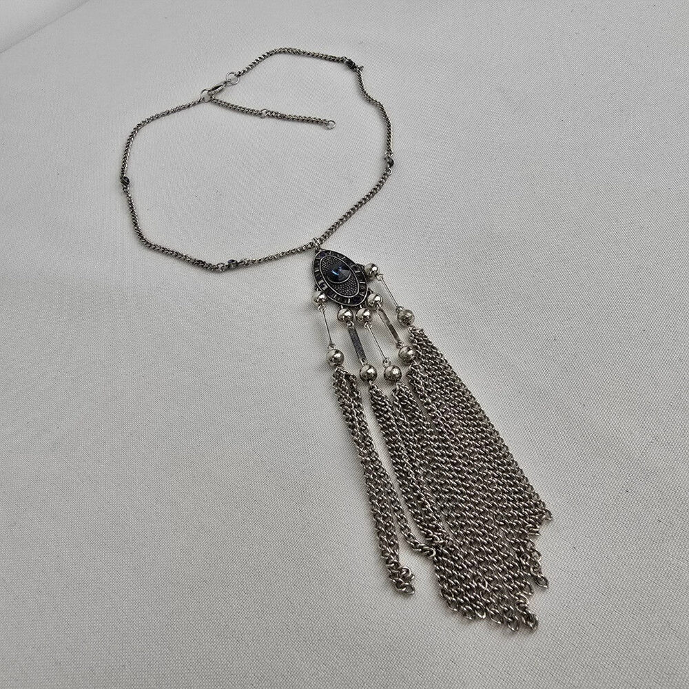 Silver & Blue Rhinestone Fringe Necklace - Picture 2 of 8